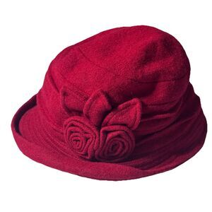 Comhats Red Wool Cloche Hat Bucket 1920s Retro Y2K Vintage Rosette Detail